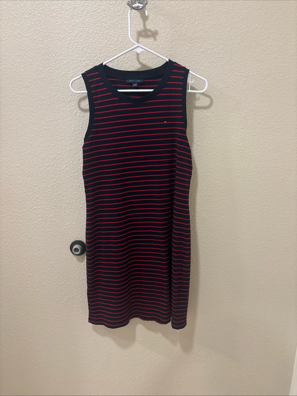 Tommy Hilfiger Navy Dress with Red Stripes — Sleeveless Midi